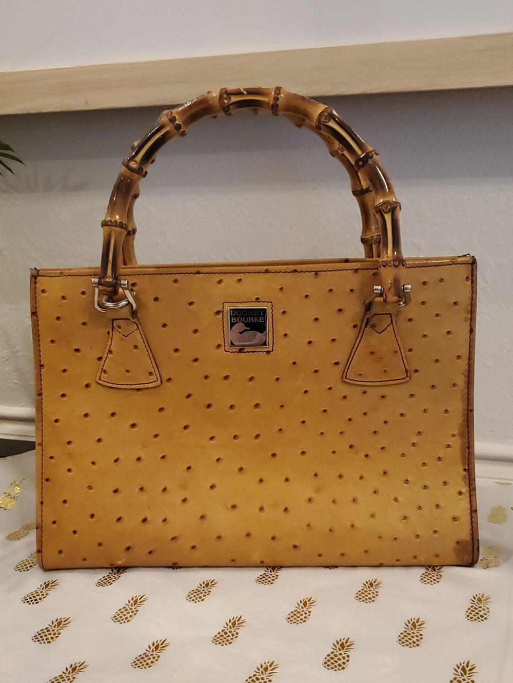 Dooney & Bourke Bamboo-Handle W Leather Embossed Ostrich Satchel.Vintage